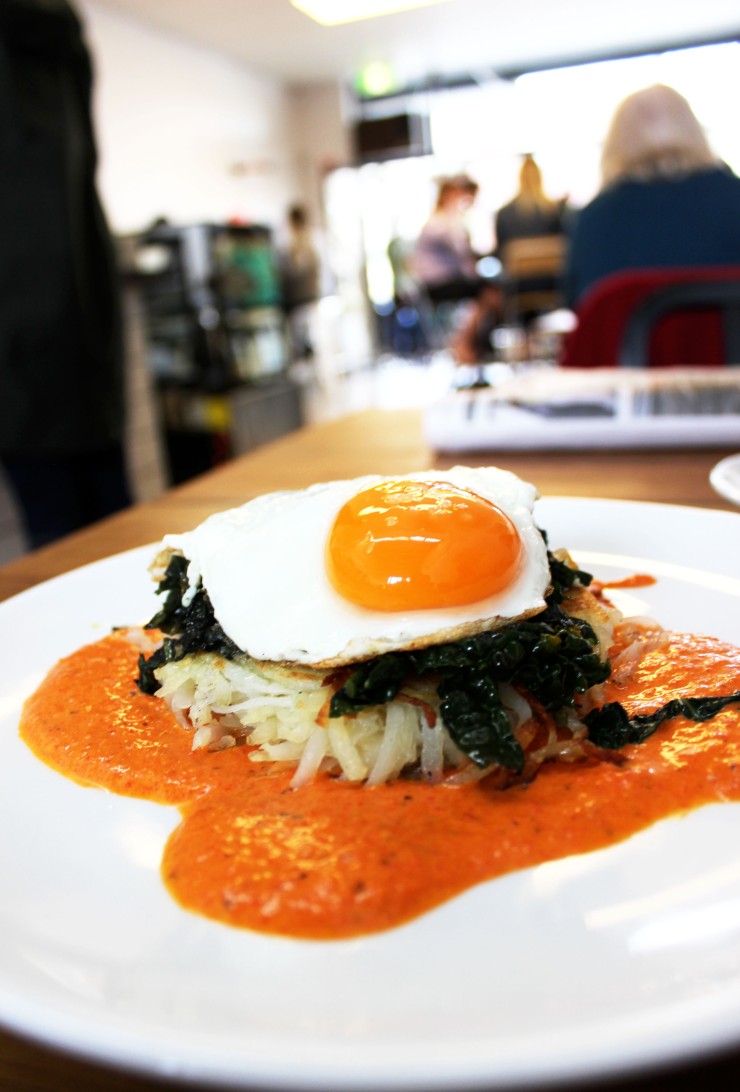 Potato 'Paddy' Topped with sauteed Cavolo Nero & fried free range egg on a charred capsicum sauce. $15